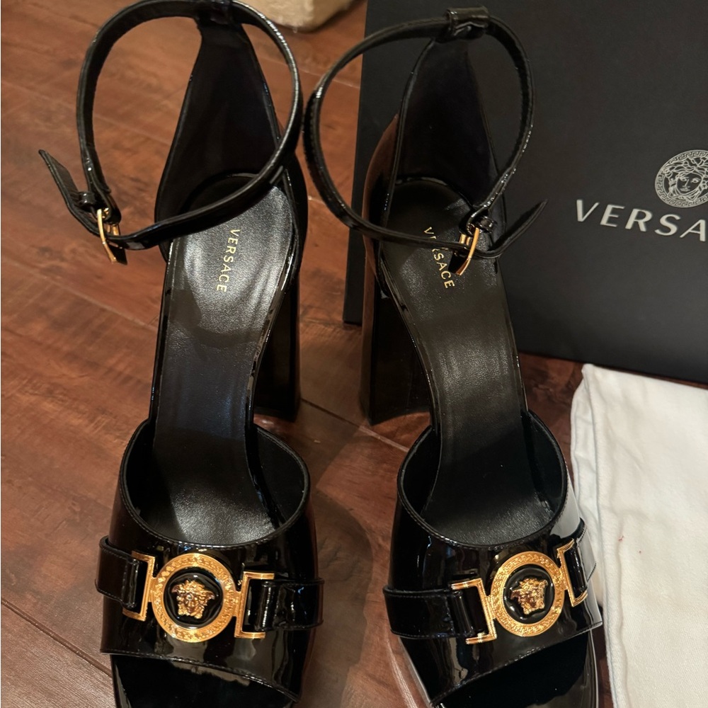 Authentic Versace Logo Platform Sandals Black Pat… - image 2